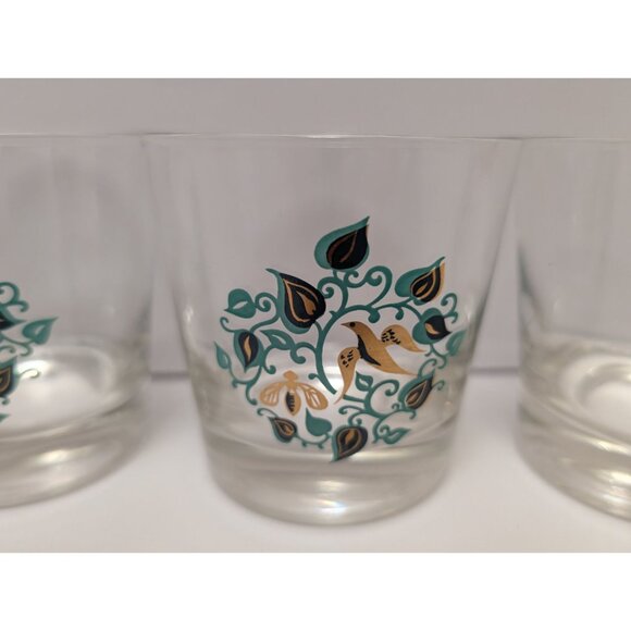 Set Of 3 Vintage MCM Turquoise Gold Floral Patterned Clear Glasses - Picture 2 of 5